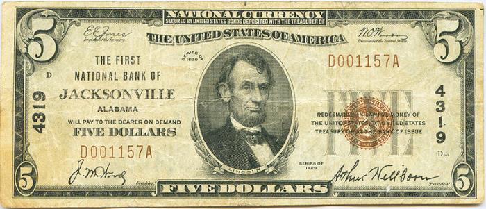 Tredegar National Bank of Jacksonville National Currency dollar bill