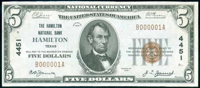 Hamilton National Bank, Hamilton National Currency dollar bill