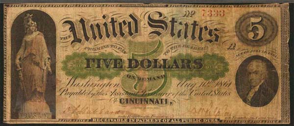 1861 5 Dollar Bill Front