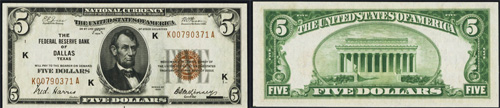 1929 Five Dollar Bill Federal Reserve Bank Note