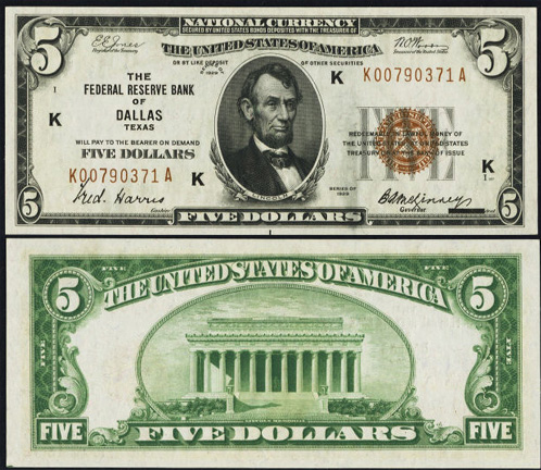 1929 Five Dollar Bill Federal Reserve Bank Note