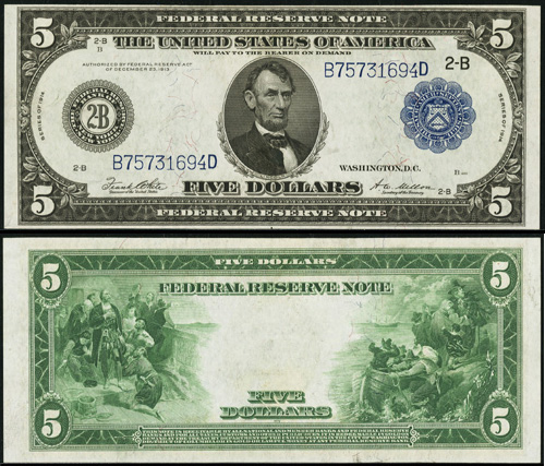 1914 Five Dollar Bill Federal Reserve Blue Seal Note