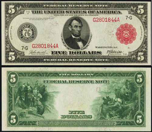 1914 Five Dollar Bill Federal Reserve Red Seal Note