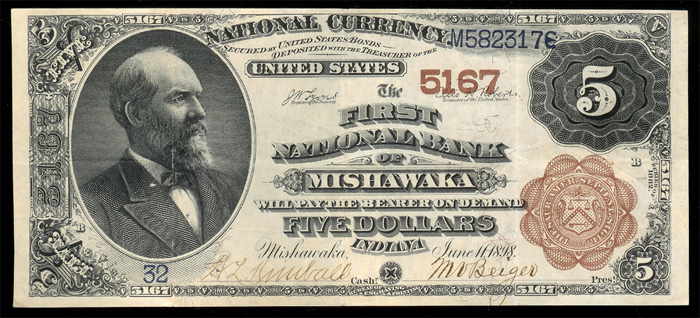 1890 Five Dollar Bill National Currency Brown Back Note