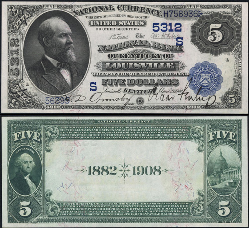 1882 Five Dollar Bill National Currency Date Back Note