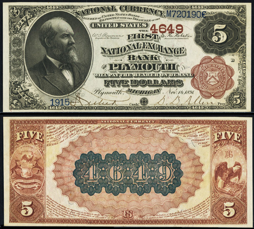 1882 Five Dollar Bill National Currency Brown Back Note