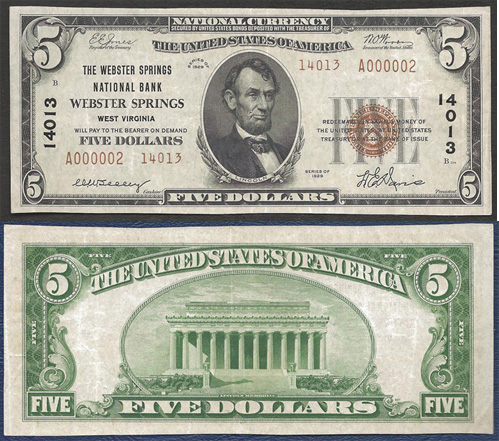 1929 $5.00 Five Dollar Bill National Currency Bank Note