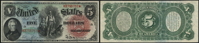 Series 1869 $5.00 Legal Tender Rainbow Woodchopper