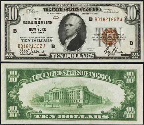 1929 Ten Dollar Bill Federal Reserve Bank Note