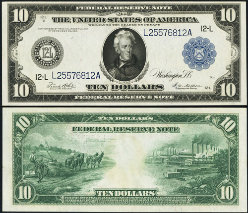 1914 Ten Dollar Bill Federal Reserve Blue Seal Note