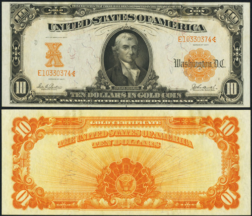 1907 Ten Dollar Bill Gold Certificate Note