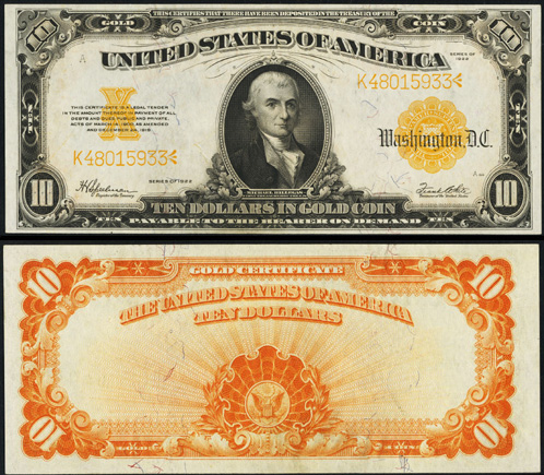 1922 Ten Dollar Bill Gold Certificate Note