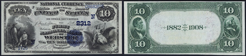 1882 Ten Dollar Bill National Currency Date Back Note