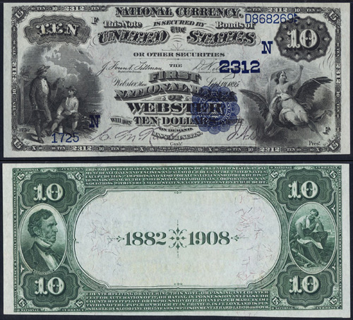 1882 Ten Dollar Bill National Currency Date Back Note