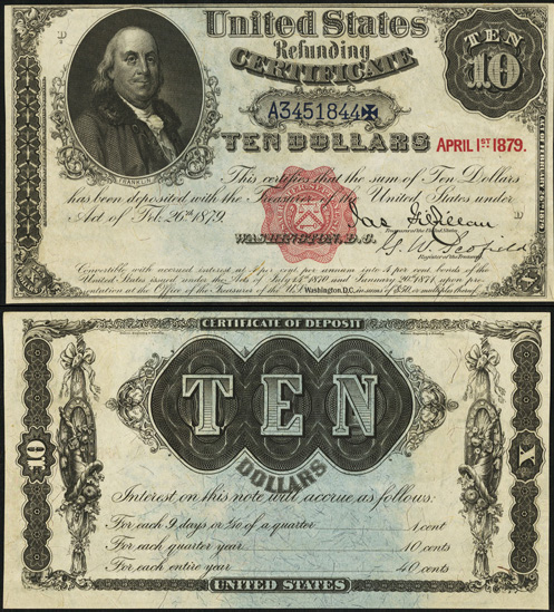 1879 Ten Dollar Bill Refunding Certificate Note