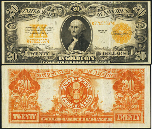 1922 Twenty Dollar Bill Gold Certificate Bank Note