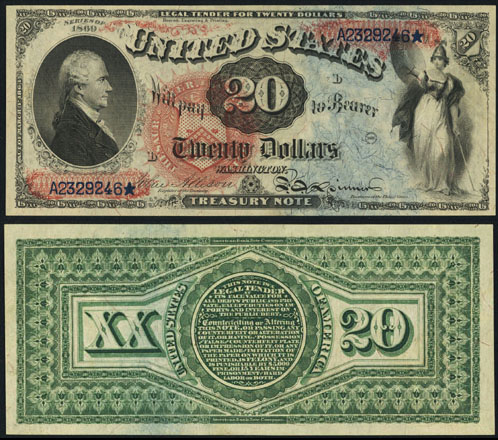 1869 Twenty Dollar Bill Legal Tender Rainbow Note