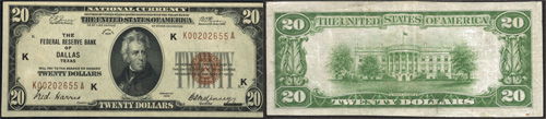1929 $20 Twenty Dollar Bill Federal Reserve Bank Note