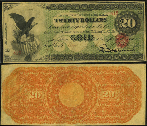 1863 Twenty Dollar Bill Gold Certificate Note