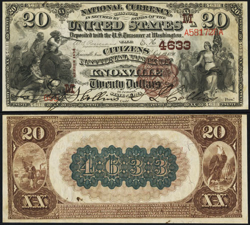 1882 Twenty Dollar Bill National Currency Brown Back Note