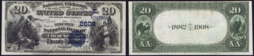 1882 Twenty Dollar Bill National Currency Date Back Note