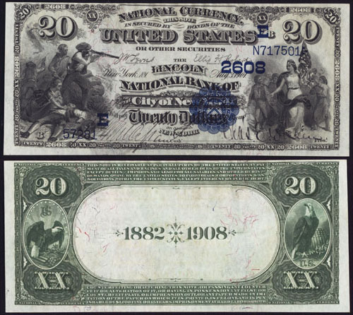 1882 Twenty Dollar Bill National Currency Date Back Note