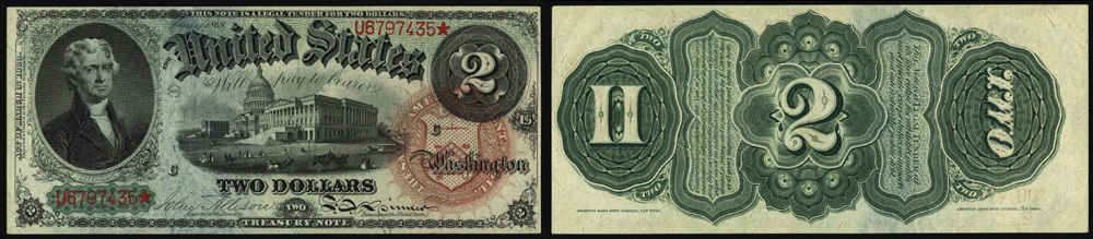 1869 Two Dollar Bill Legal Tender Rainbow