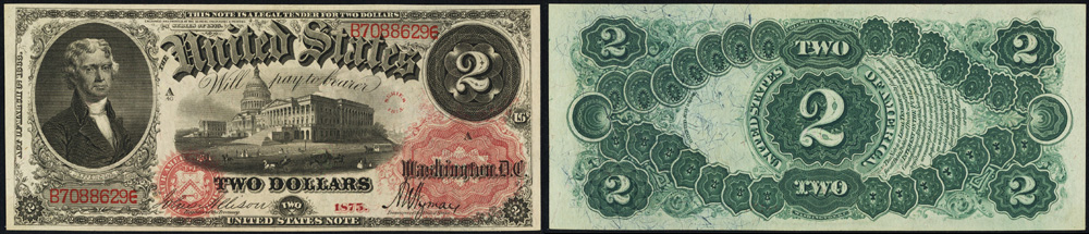 1875 Two Dollar Bill Legal Tender Rainbow